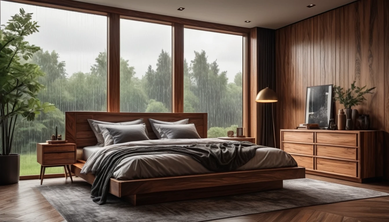 Stylish bedroom with woodgrain interior, moody, rain outside the window. Hyper-realistic, photo-realistic, ultra-detailed, 4K,top quality,masterpiece,stylish interior,big window