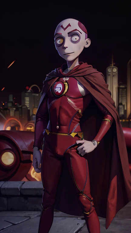 best quality,masterpiece,1boy,solo,(((13years old))),hightech_robotics boy,an extremely cute and handsome boy,highly detailed beautiful face and eyes,petit,cute face,lovely face,baby face,red skin,shy smile,show teeth, no hair,bald,flat chest,skinny,slender,(((wearing a Red Tornado costume,red cape))),(((standing in Dark Midnight Tim Burton Animation style metropolis city))),he is looking at the viewer,