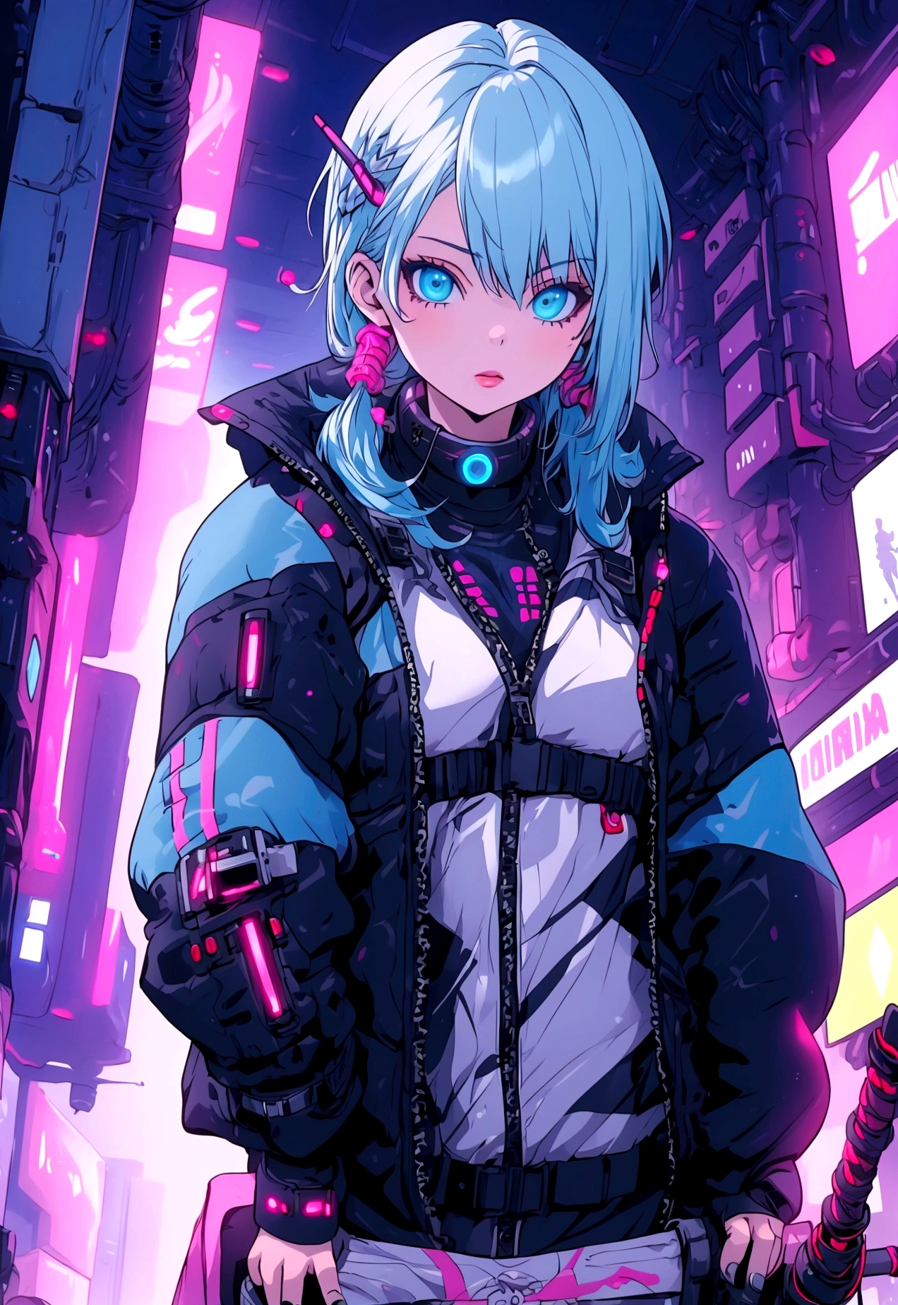 (masterpiece, best quality:1.2), 1girl, solo, Kaslin, cyberpunk girl, light blue hair, tactics equipment, katana user, cyber nimb
