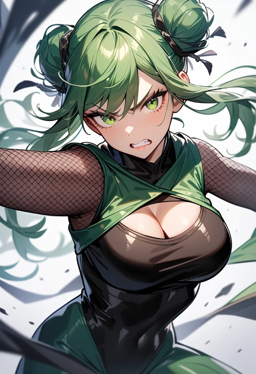 1girl,solo,super detailed skin,shiny skin,serious face,Clenching teeth,open mouth,green hair,sidelocks,double bun,eyelashes,lips gloss ,large breasts,fullbodysuit,fishnet arms,cleavage cutout,ninja clothes ,fighting stance,cowboy shot,wind magic,simple background,masterpiece,best quality,ultra detailed,high resolution,sharp focus