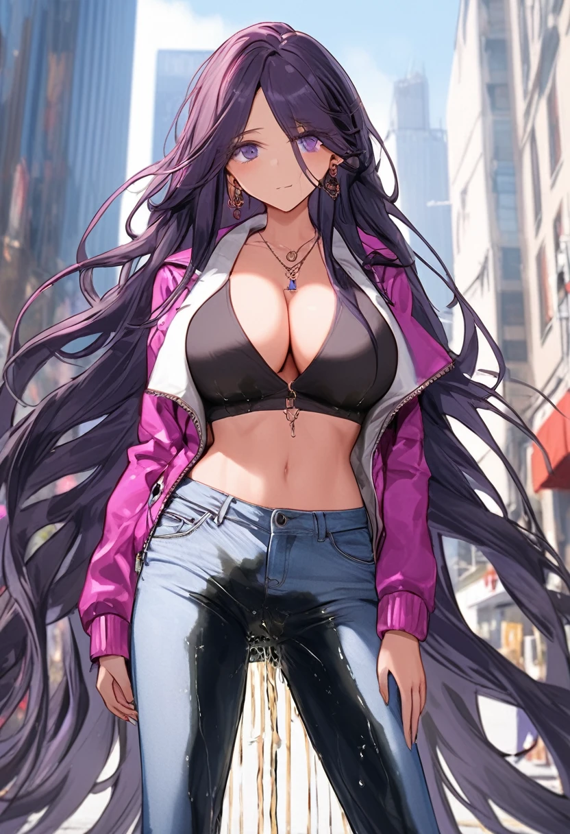 (masterpiece:1.37), best quality, (extremely detailed:1.37), woman, (very long hair:1.5), dark purple hair, purple eyes, (extremely detailed eyes:1.37), (wetting self:1.5), large breasts, stylish jacket, multicolored jackt, jeans, cleavage, navel, city, high-tech, street