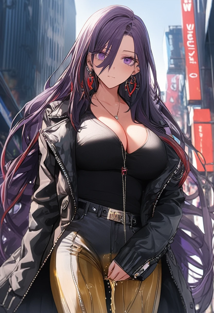 (masterpiece:1.37), best quality, (extremely detailed:1.37), woman, (very long hair:1.5), dark purple hair, purple eyes, (extremely detailed eyes:1.37), (wetting self:1.5), large breasts, stylish jacket, multicolored jackt, jeans, cleavage, navel, city, high-tech, street