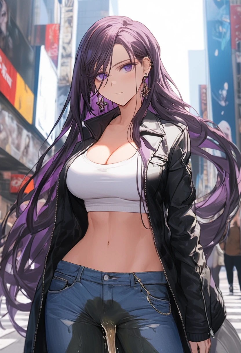 (masterpiece:1.37), best quality, (extremely detailed:1.37), woman, (very long hair:1.5), dark purple hair, purple eyes, (extremely detailed eyes:1.37), (wetting self:1.5), large breasts, stylish jacket, multicolored jackt, jeans, cleavage, navel, city, high-tech, street