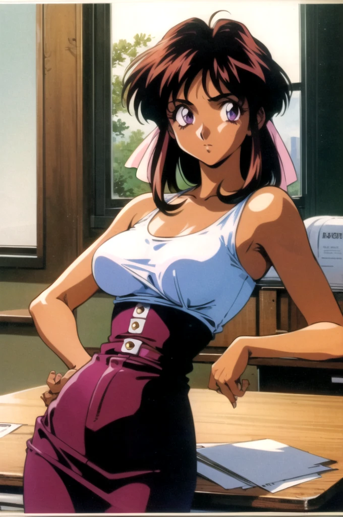 masterpiece, best quality, 1girl, looking at viewer, ultra detailed, classroom,  purple eyes, , retro_artstyle, 1990s_(style), looking back,