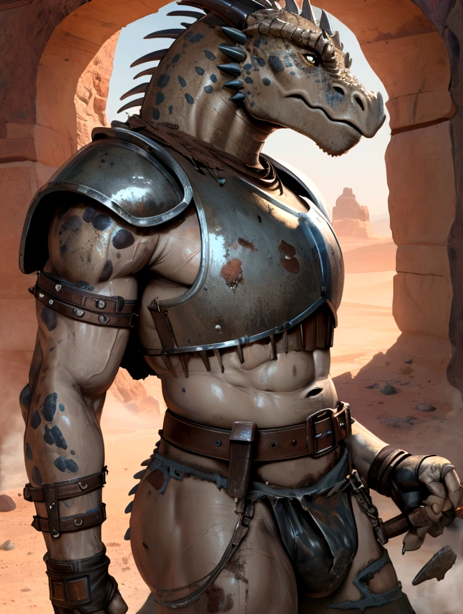 
Solo Sexy anthro scalie dragon male mercenary medieval solider, slim endomorph muscular handsone model male apperance, sword scars, worn out rusty skimpy armament, low on hips heavy leather belt, old very worn out skimpy dirty linen material jockstrap, old yellow dirty worn out stains on white jockstrap, studded skimpy armlets breastplate armor, skimpy breastplate, leather bondages, fingerless leather gloves, smelly unwashed husk, dirty body look, desert battlefield, standing in sexy fighting position, close view of full character