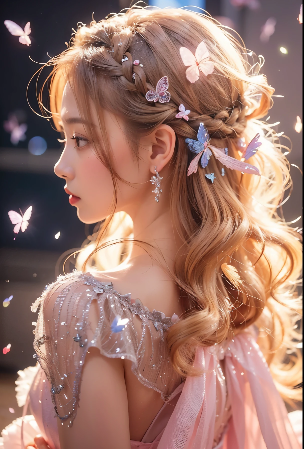 Beautiful Japanese waifu, early 30s, brunette hair, fairytale princess dress, butterfly hair decorations, earrings