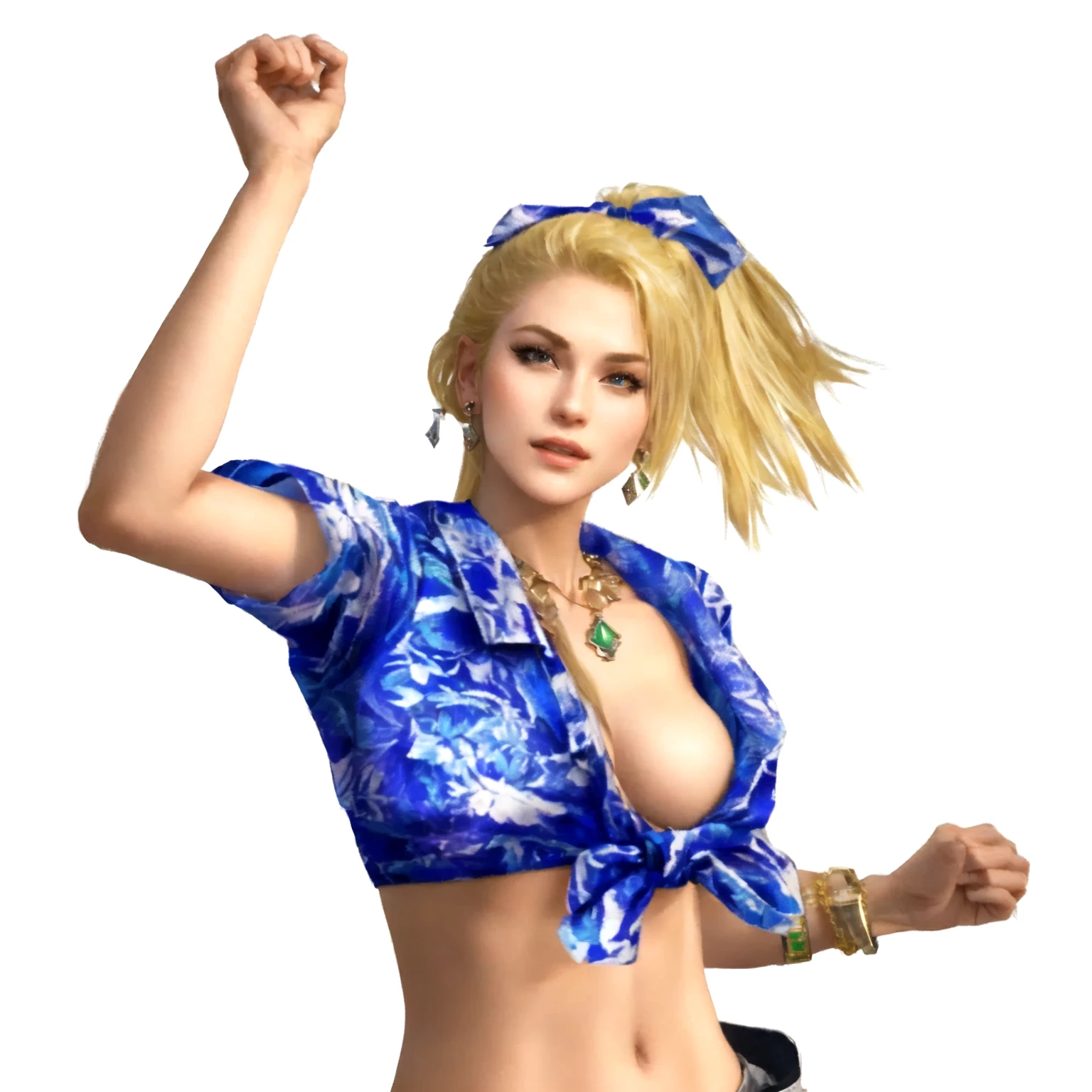 a close up of a blonde girl with a shirt on rejoycing, she's American, as a character in Out Run 2, of SEGA, 3D CG, Clarissa, 2k, 2 k, she has three bracelets on her left wrist, she has mouth open as to shout "hooray!", realistic, render of april, fighting game character, nina from tekken, shirt has some hawaiaan motif on it, she has a foulard tied over her head like a ribbon, she wears no bra, she has a golden necklace with a jade stone, jade drop earrings