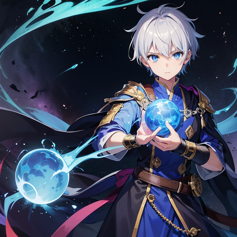 masterpiece, Highest quality, High resolution，Anime Style、Anatomically correct、Follow the prompts、Silver Hair、Short Hair、male、male、One person、Five fingers enveloping a ball of blue flame、ほっそりしたmaleの腕、Two arms、Short Hair、Wizard、Robe、magic、Blue flames fly around、Hold a spellbook in your left hand only、Float a blue ball of fire 1cm above your right hand、Upper body only、stand、