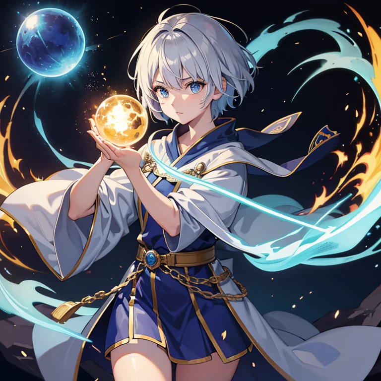 masterpiece, Highest quality, High resolution，Anime Style、Anatomically correct、Follow the prompts、Silver Hair、Short Hair、male、male、One person、Five fingers enveloping a ball of blue flame、ほっそりしたmaleの腕、Two arms、Short Hair、Wizard、Robe、magic、Blue flames fly around、Hold a spellbook in your left hand only、Float a blue ball of fire 1cm above your right hand、Upper body only、stand、