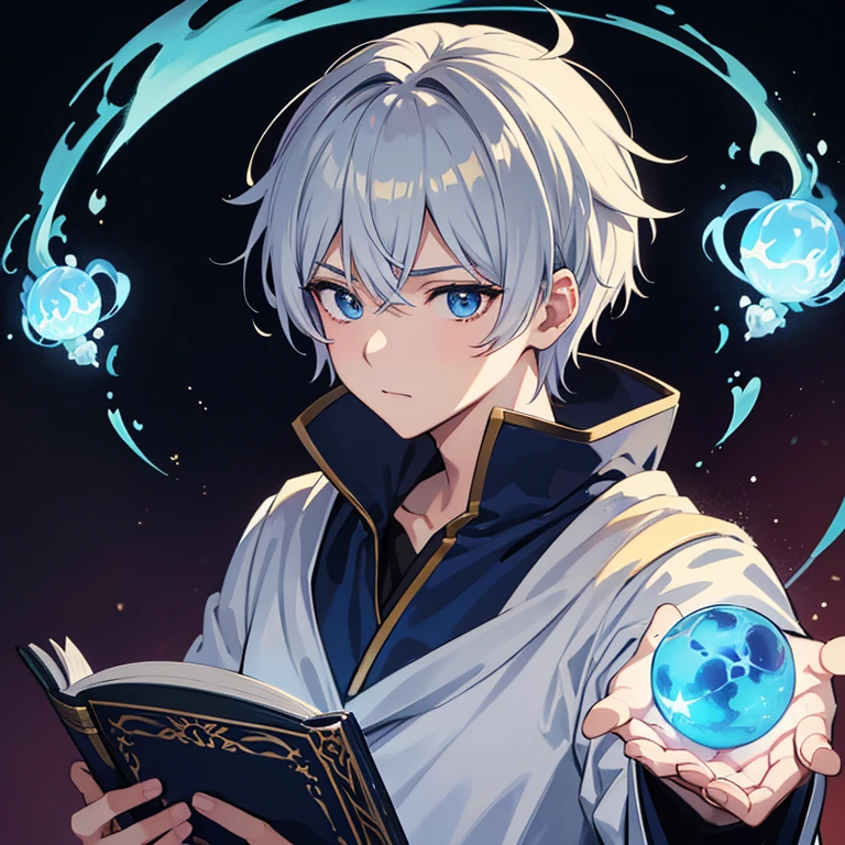 masterpiece, Highest quality, High resolution，Anime Style、Anatomically correct、Follow the prompts、Silver Hair、Short Hair、male、male、One person、Five fingers enveloping a ball of blue flame、ほっそりしたmaleの腕、Two arms、Short Hair、Wizard、Robe、magic、Blue flames fly around、Hold a spellbook in your left hand only、Float a blue ball of fire 1cm above your right hand、Upper body only、stand、