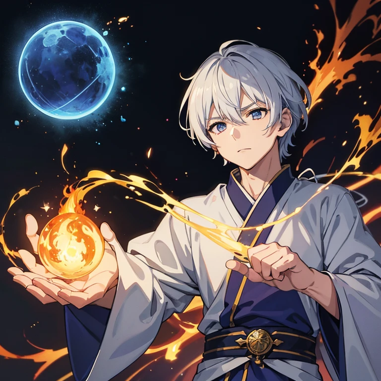 masterpiece, Highest quality, High resolution，Anime Style、Anatomically correct、Follow the prompts、Silver Hair、Short Hair、male、male、One person、Five fingers enveloping a ball of blue flame、ほっそりしたmaleの腕、Two arms、Short Hair、Wizard、Robe、magic、Blue flames fly around、Hold a spellbook in your left hand only、Float a blue ball of fire 1cm above your right hand、Upper body only、stand、