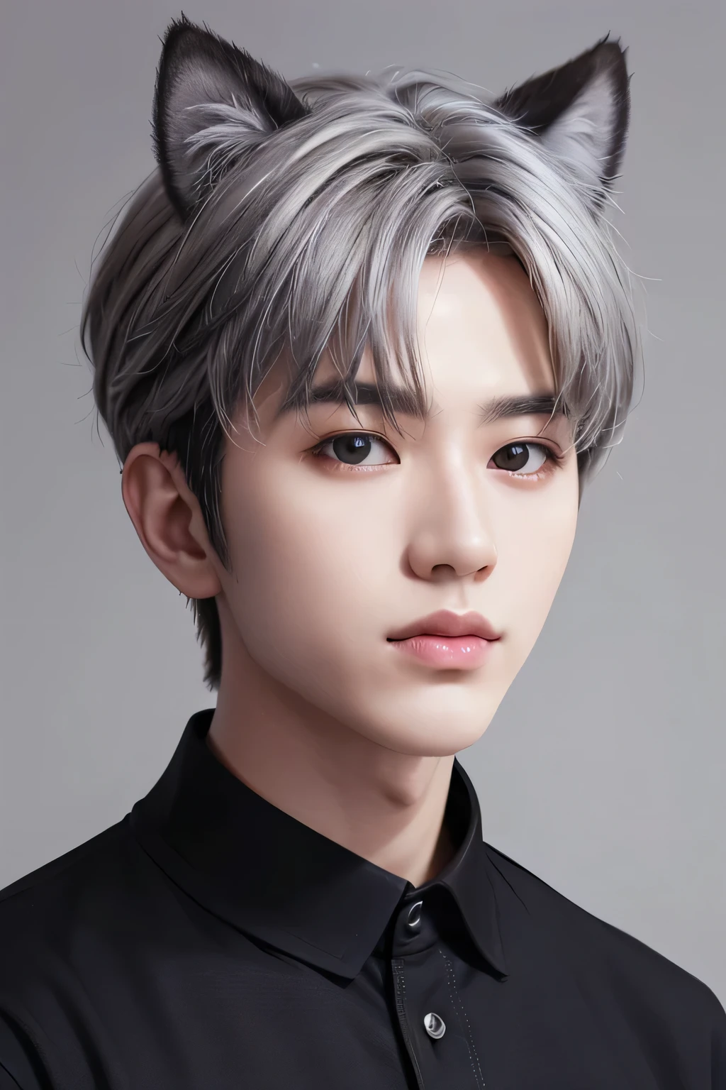 8K、1male、Highest quality、masterpiece、Wearing dog ears、Realistic Skin、(head shot:1.23)、(Chiaroscuro:1.23)、Gray Hair、Black polo shirt