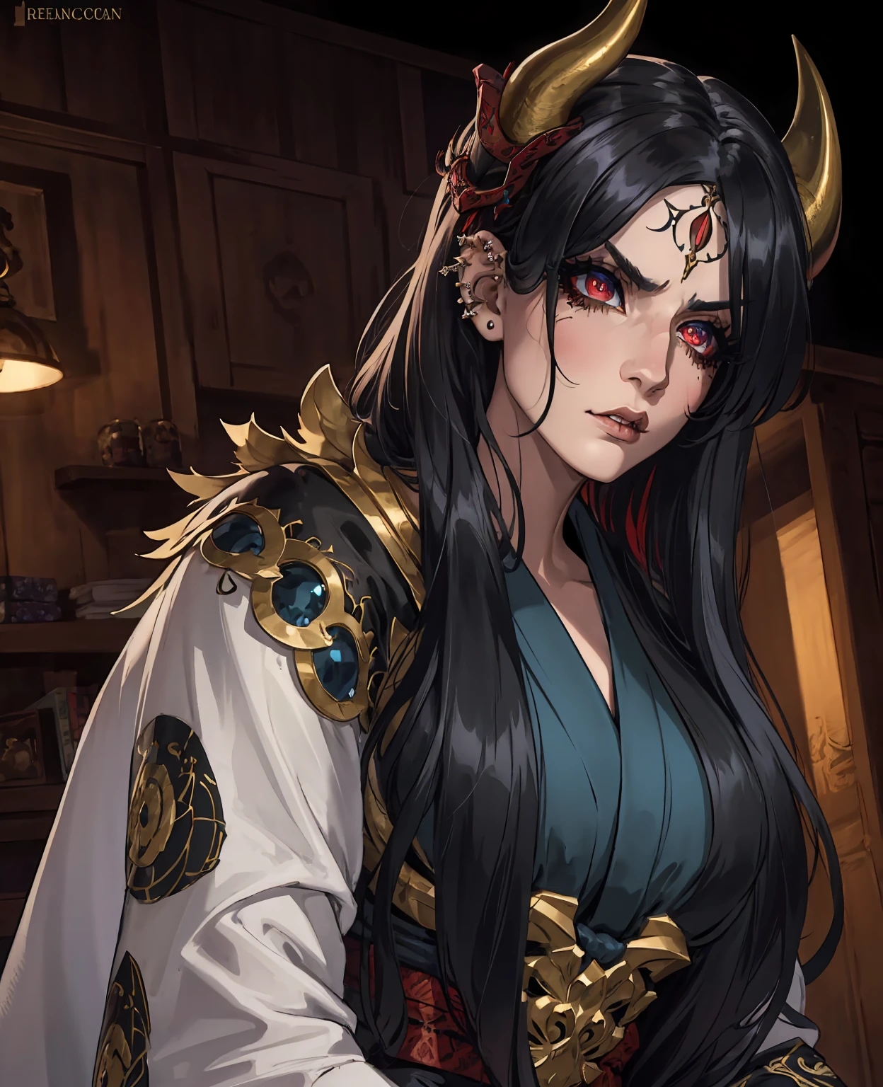 A beautiful demonic girl with horns, detailed facial features, piercing eyes, long lashes, flowing hair, detailed jewelry, ornate kimono, dramatic lighting, fantasy landscape, dark moody colors, cinematic composition, dramatic lighting, intricate details, highly detailed, 8k, photorealistic