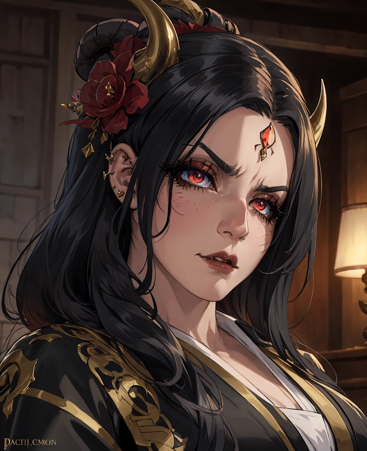 A beautiful demonic girl with horns, detailed facial features, piercing eyes, long lashes, flowing hair, detailed jewelry, ornate kimono, dramatic lighting, fantasy landscape, dark moody colors, cinematic composition, dramatic lighting, intricate details, highly detailed, 8k, photorealistic