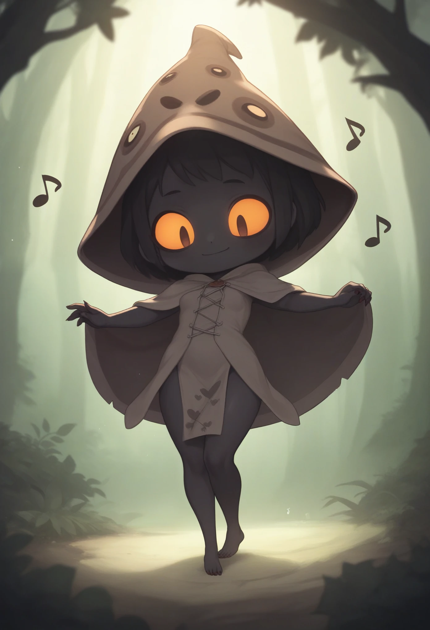 score_9, score_8_up, score_7_up, score_6_up, score_5_up, score_4_up, cute devil girl dancing, evil smiles, (dancing),music notes, (big trees in the forest), cute horror fantasy, disney-style horror effects,pure black skin,chibi,long nail,orange eyes,hair,looking down, cloak\(cute patterned,thick cloth\),picture-book style,pastel color,long shot