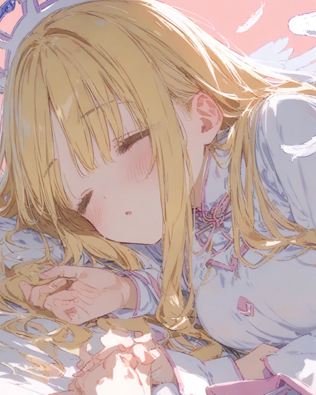 score_9, anime_Coloring, One girl, Angel, Angel girl, Pink Healer Uniform, Priestessess, skirt, Knee socks, Short lace-up boots, Angel wings, Medium Long Hair, Long sleeve, Blonde long-haired, (close your eyes, Hollow Eyes, Long lower eyelashes:1.2), Lie in, Sleep, inner thigh, Large Breasts, Open your mouth, blush, Simple Background, Feathers fluttering, from the front