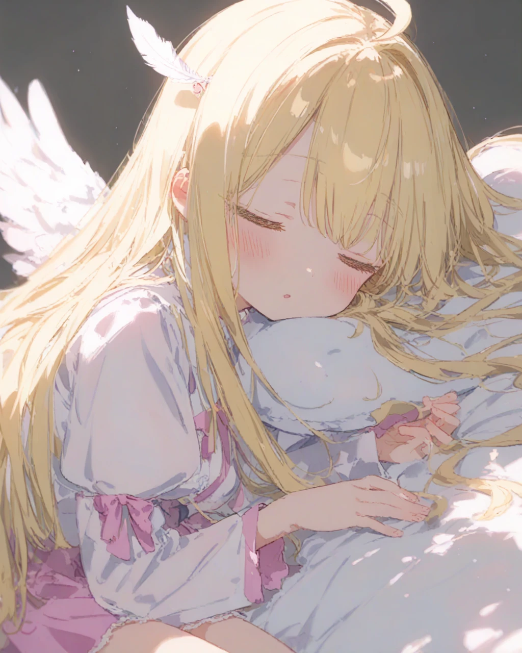 score_9, anime_Coloring, One girl, Angel, Angel girl, Pink Healer Uniform, Priestessess, skirt, Knee socks, Short lace-up boots, Angel wings, Medium Long Hair, Long sleeve, Blonde long-haired, (close your eyes, Hollow Eyes, Long lower eyelashes:1.2), Lie in, Sleep, inner thigh, Large Breasts, Open your mouth, blush, Simple Background, Feathers fluttering, from the front