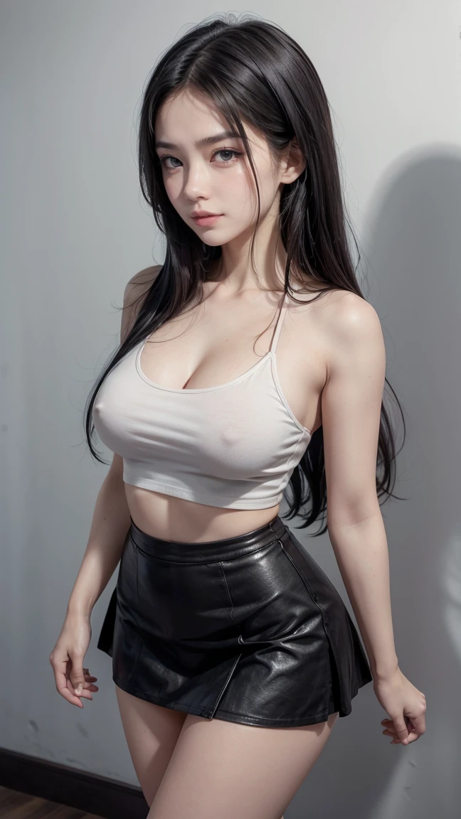Make a woman with long black hair, height 1.62, skinny, breasts, normal size, slim waist, beautiful brown eyes, close-up photo, background a white wall of a house, is wearing a casual outfit, a black short skirt, and a black top, fair skin, smooth, ultra realistic, UHD, 8K