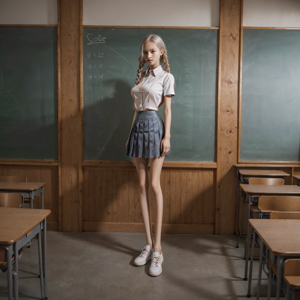 masterpiece, best quality, ultra highres, solo, (skinny body, thin body, narrow hip:1.3), narrow waist, skinny thighs, 12 years old , japanese girl , red eyes, sparkling pupils!, white hair, braid, hairclip, (gigantic sagging breasts:1.2, extra gigantic breasts:1.35), (Extra long leg:2.2) , (skinny long legs:1.5) , (extremely tall:2.4), (school uniform, dress shirt, pleated mini skirt:1.5), short sleeve shirt, sneakers, bow, classroom, cowboy shot, standing, , bashful, full body ,surprised!,from side