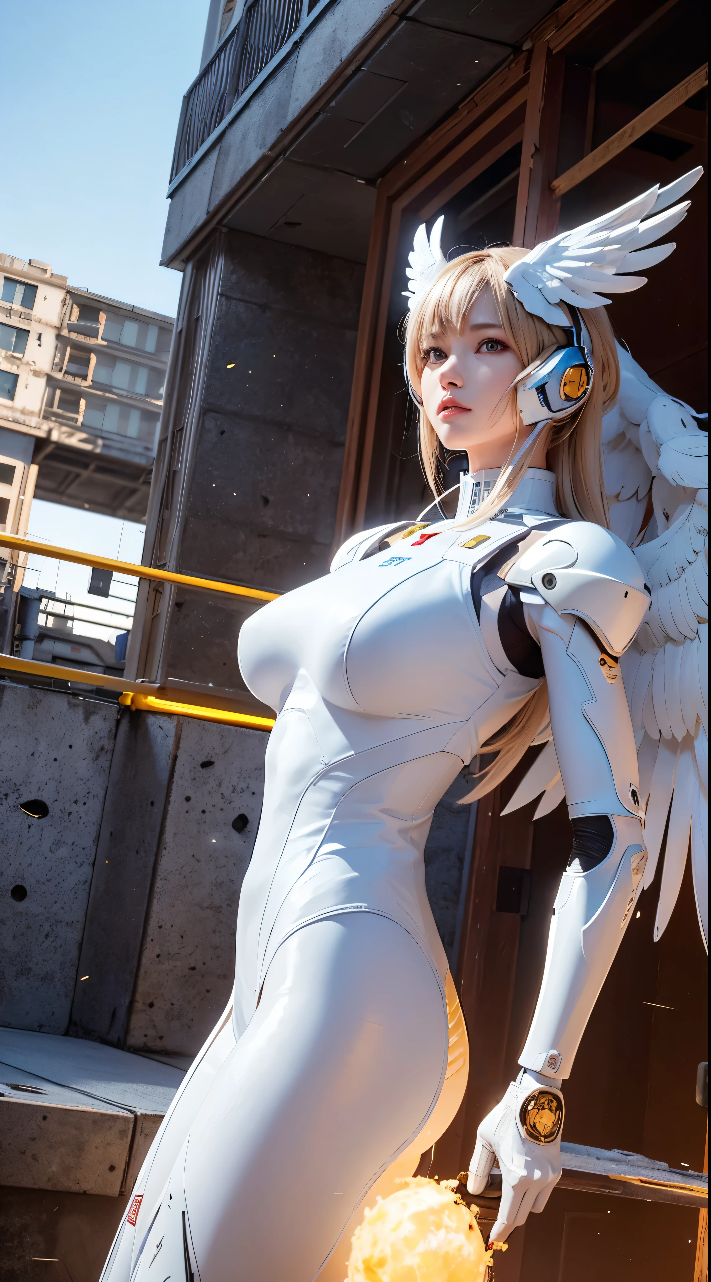 White Phoenix Mech, Chicken head, Mecha Wings, cyber punk, Highest quality, masterpiece, unmanned, whole body, mechanical surprise, strong, moon, City in Ruins, Highest qualityのデジタルアート, Stunning Art, wallpaper 4k, Very detailed, military用ロボット, military, war zone, moving lighting, movie, narrative poem, Damaged machine parts
