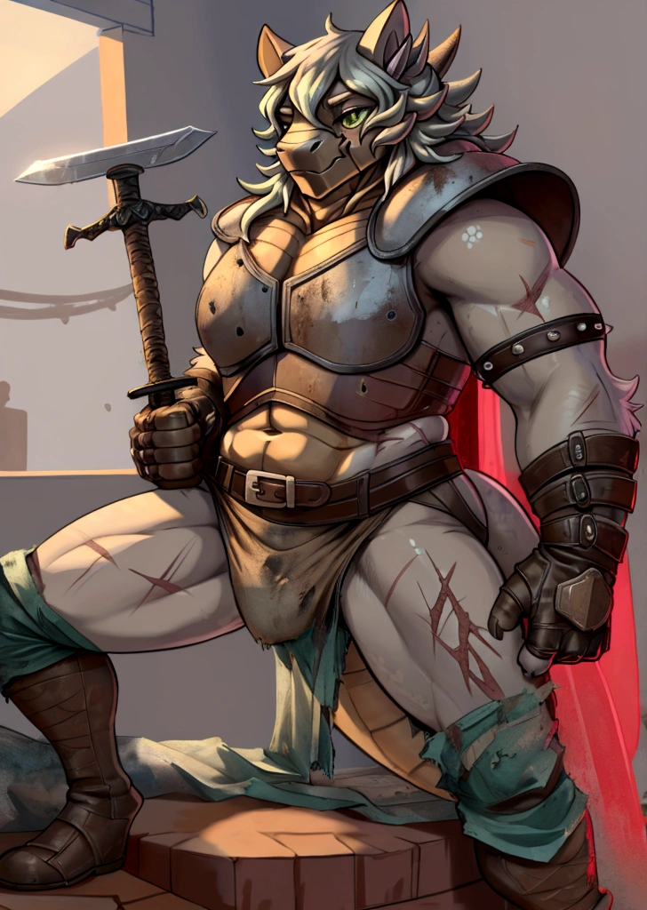 Solo Sexy anthro scalie dragon male mercenary medieval solider, slim endomorph muscular handsone model male apperance, sword scars, worn out rusty skimpy armament, low on hips heavy leather belt, old very worn out skimpy dirty linen material jockstrap, old yellow dirty worn out stains on white jockstrap, studded skimpy armlets breastplate armor, skimpy breastplate, leather bondages, fingerless leather gloves, smelly unwashed husk, dirty body look, desert battlefield, standing in sexy fighting position, close view of full character