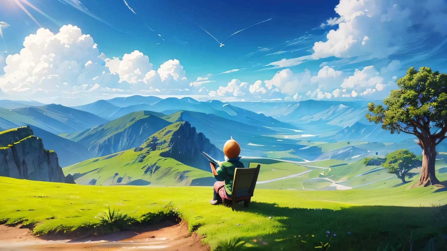 create a tiny world effect image with books as the subject. background is a solid bright greenscreen. light whispy clouds