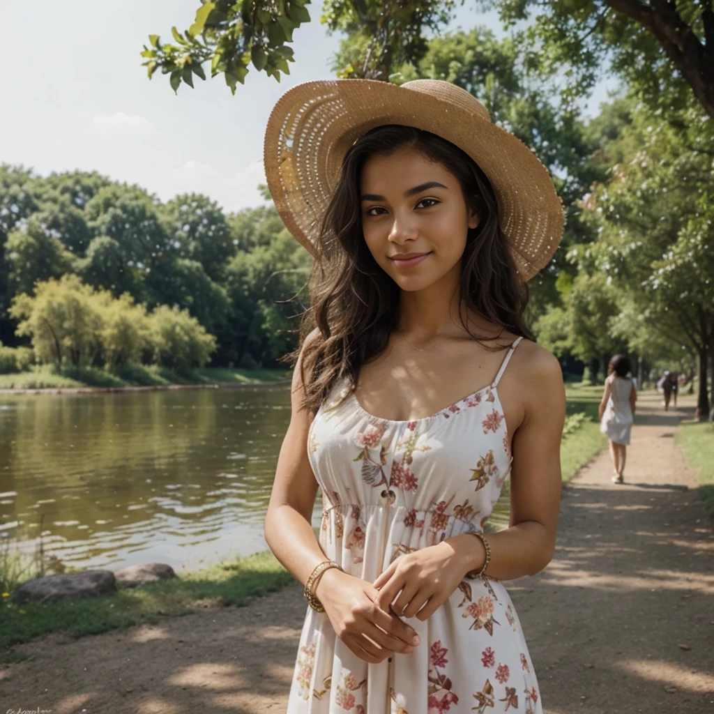 Gender: Female
Age: Around 22 years old
Ethnicity: Mixed (European and African descent)
Height: 5'7" (170 cm)
Physique: Medium build, athletic silhouette
Hair: Long, curly, dark brown color
Eyes: Large, hazel color
Face: Oval-shaped with high cheekbones
Expression: Smiling with a confident look
Clothing: Summer casual, wearing a floral sundress with sandals and a wide-brimmed hat
Accessories: Sunglasses and a simple bracelet
Setting: Standing in a picturesque park with blooming flowers and a serene lake
Background: Families having picnics, children playing, and a clear blue sky, creating a peaceful and joyful atmosphere
Lighting: Natural daylight, with soft sunlight filtering through the trees, creating a warm and inviting effect
Ensure that the details of the face, clothing, and the tranquil park environment with other people are well-defined for a realistic rendering."