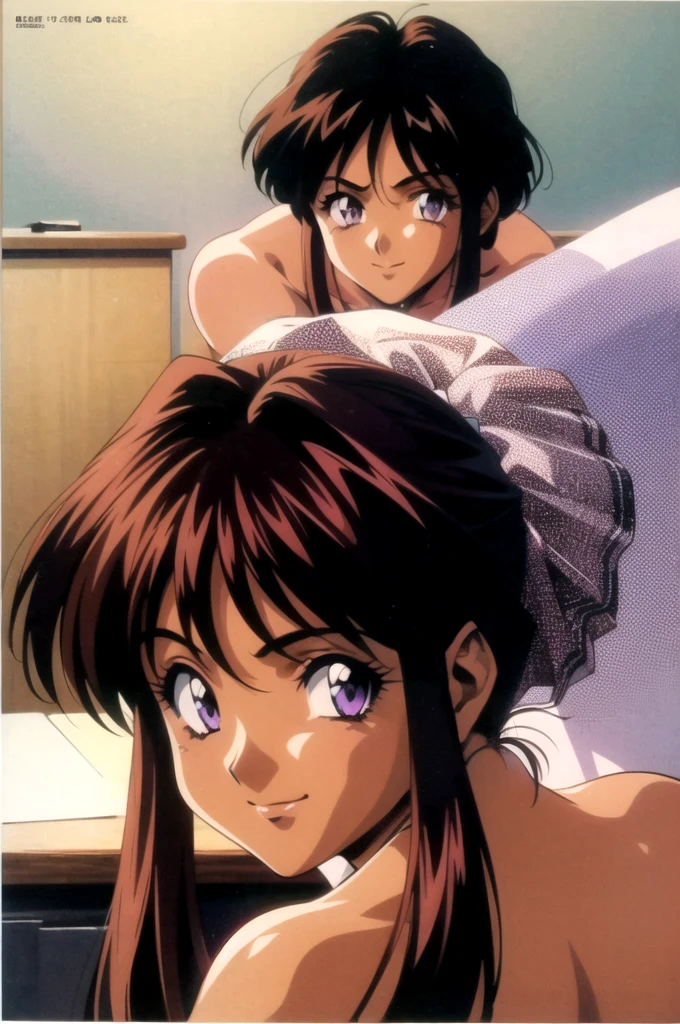 masterpiece, best quality, 1girl, looking at viewer, ultra detailed, classroom,  purple eyes, , retro_artstyle, 1990s_(style), looking back, sweet smile, sexy, sensual