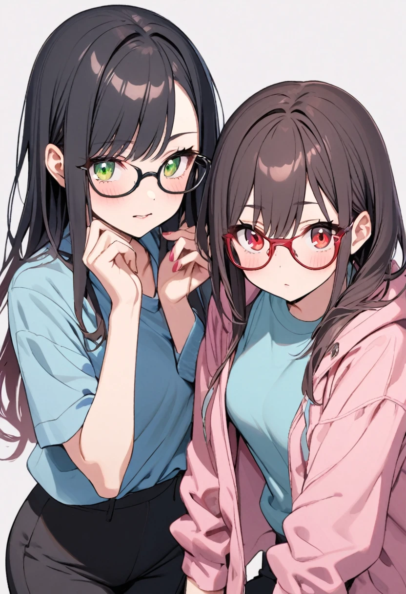 age girl, with glasses and blue shirt,black pants,pink and black hair , red eye, green eye