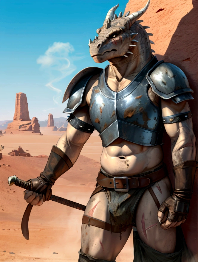 Solo Sexy anthro scalie dragon male mercenary medieval solider, slim endomorph muscular handsone model male apperance, sword scars, worn out rusty skimpy armament, low on hips heavy leather belt, old very worn out skimpy dirty linen material jockstrap, old yellow dirty worn out stains on white jockstrap, studded skimpy armlets breastplate armor, skimpy breastplate, leather bondages, fingerless leather gloves, smelly unwashed husk, dirty body look, desert battlefield, standing in sexy fighting position, close view of full character