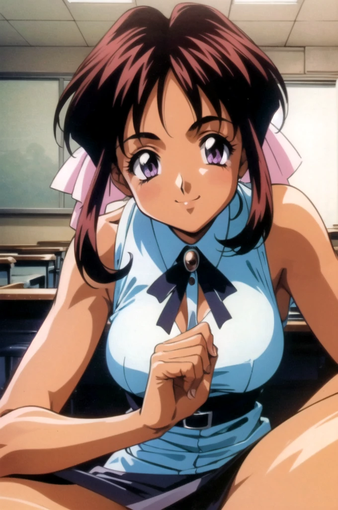 masterpiece, best quality, 1girl, looking at viewer, ultra detailed, classroom,  purple eyes, , retro_artstyle, 1990s_(style), looking back, sweet smile, sexy, sensual