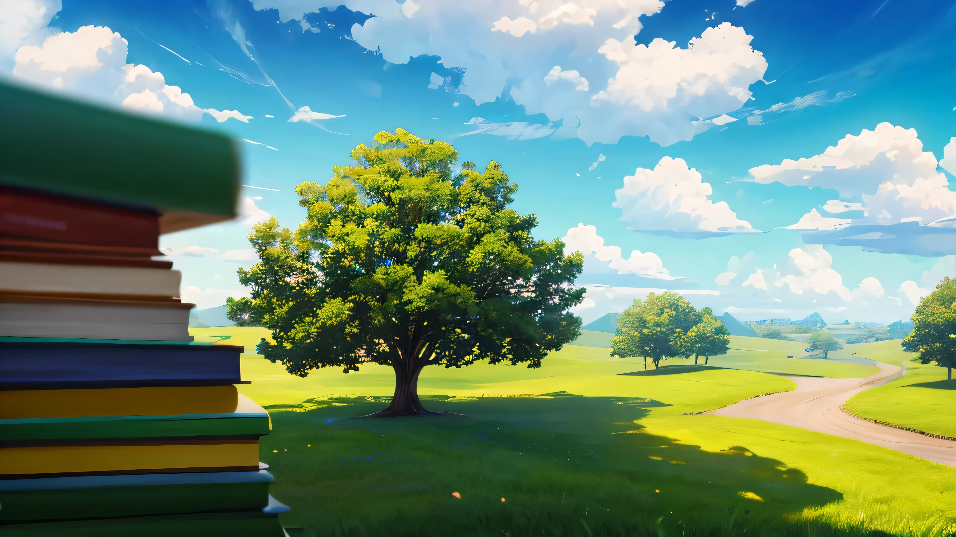 create a tiny world effect image with books as the subject. background is a solid bright greenscreen. light whispy clouds