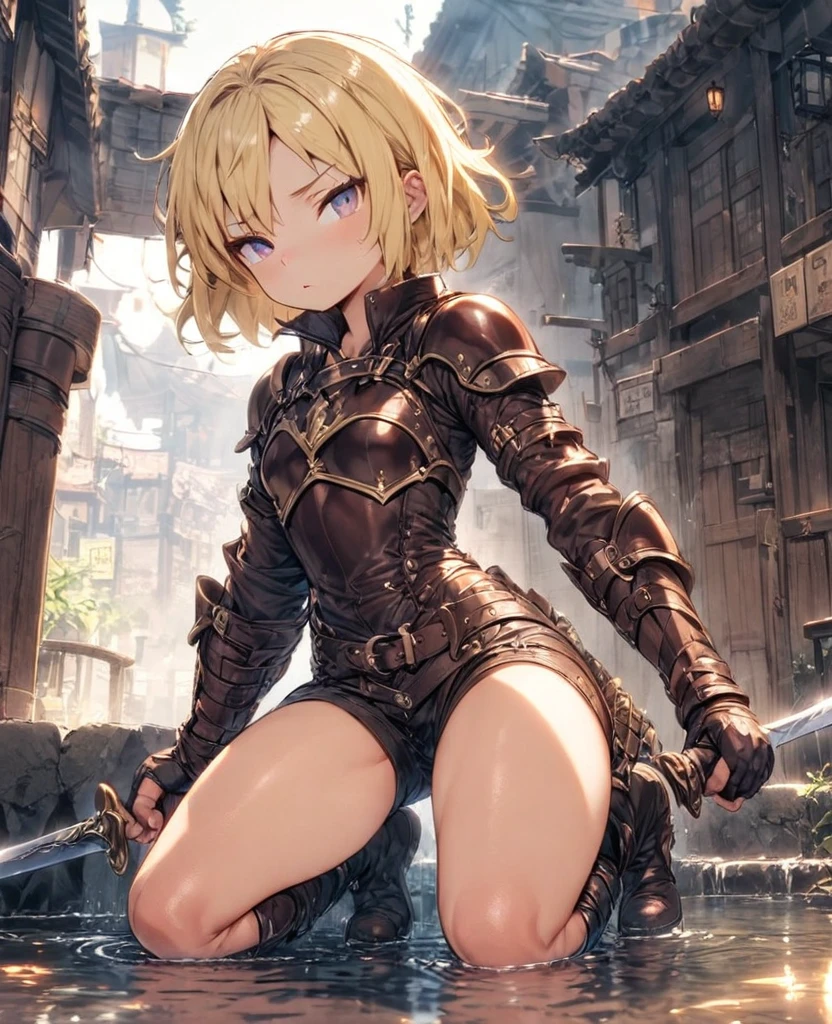 boyish　Berry Short　Slanted Eyes　Thighs　Blonde　Swordsman　Two-Way　Short Dagger　Leather Armor　Petite　whole body　Bob Short　hot water