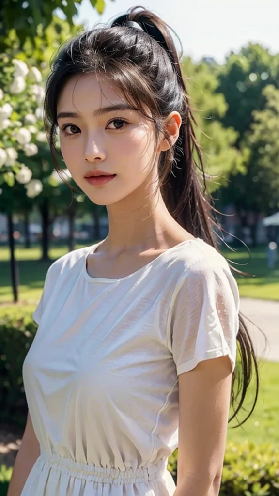 dress,outdoors,Urban Park,On the lawn,One woman,close up face,fully body photo,masutepiece, The highest image quality, High quality, the background is clear,Beautiful woman, Japanese, Detailed, Ultra-detailed, finely detail, hight resolution, 8K Wallpaper, Perfect dynamic composition, Beautiful detailed eyes ,Detailed eyes, Detailed skin, Beautiful skin, 超hight resolution, (reality: 1.4),Very beautiful woman, Slightly younger face, Beautiful skin, slender, (Ultra photo realsisim), (hight resolution), (8K), (Very detailed) (beautifully detailed eyes), (super detailed), (Detailed face), view the viewer, Fine details, Detailed face, Staring straight ahead, Staring straight ahead, photos realistic, Bright lighting, Professional Lighting, Black hair,poneyTail,a baby face,sixteen years old,Hairstyle: ponytail,Long ponytail hairstyle,slight smile,