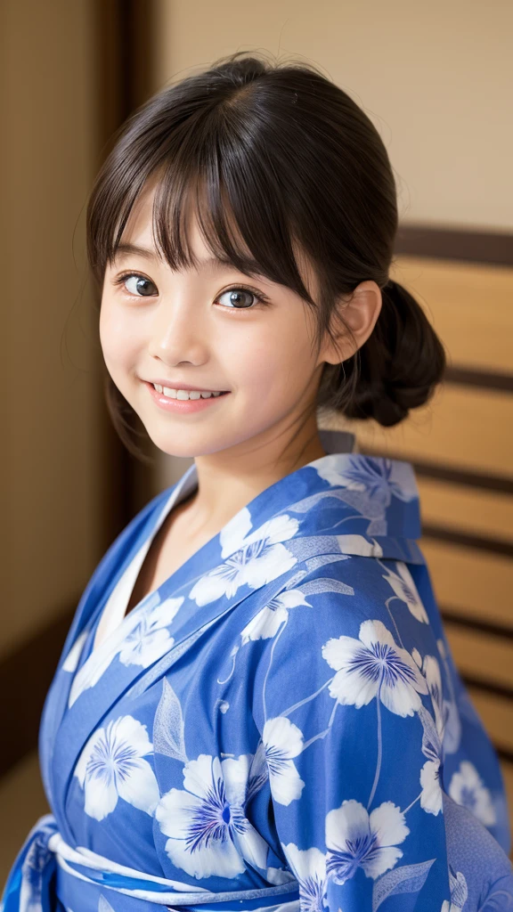 11 year old girl　Japanese　Blue yukata with iris pattern、yukata　Realistic Skin　Bigeyes　smile