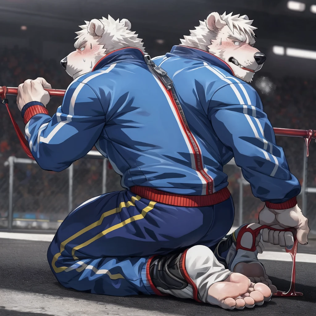 severed hand pulling down zip attached to kneel polar bear dad skin , track suit , detailed white feet five toes with white sock, profile, evil smug blush sweating , kemono , high quality , by rossciaco ( rear view) , covered in transparent slime