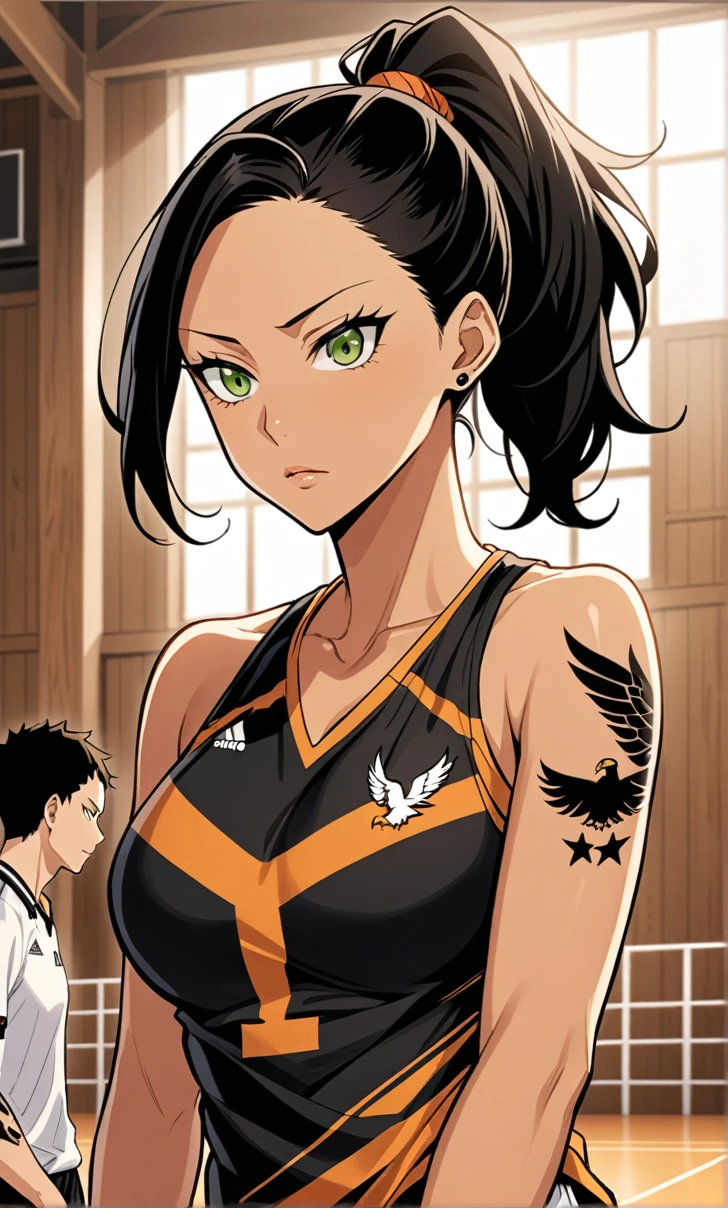 Woman, Athletic and toned body, light skin tone, long black hair tied in a ponytail, green eyes with a penetrating and seductive look, small tattoo of an eagle on the chest, breasts big, neckleace, haikyuu, comic style, at the bottom there is a court
