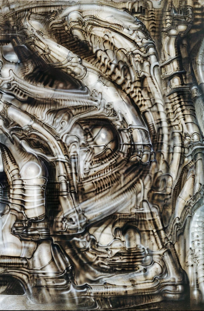 g1g3r, The image is a detailed view of H.R. Giger's \" Biomechanical Landscape No 312 \" plate, featuring a complex network of bones and organs in a purple-brown hue ,swirling gray and brown colors. The image is a 3D rendering of a complex, intricate machine with numerous interconnected tubes and pipes, giving the impression of a highly advanced, futuristic technology.The artwork is silver and purplish brown, with an ivory bones prominently displayed. The image is highly detailed and intricate, almost like a 3d version of a medical diagram (detailed view of an anatomy model, possibly of a human body, with transparent organs and bones exposed). The piece has a thick mechano-organic texture and is covered in fine details. The image has a swirling, organic quality to it. The artistic manner would be unmistakably Gigeresque. A dark and unsettling beauty would permeate the piece, blurring the lines between fascination and repulsion , forever haunted by the grotesque allure. Giger's signature artistic manner would be evident in every stroke. The airbrush would be wielded with masterful precision to create a hyperrealistic yet nightmarish aesthetic.
 The texture of ivory with signs of burning and fossilization can be seen in the mix of smooth and rough brushstrokes. By Peter mohrbacher, ooze soaked pajama top
