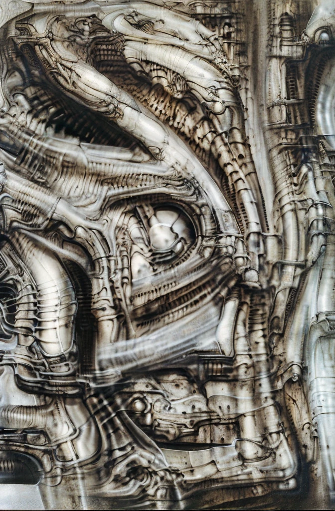 g1g3r, The image is a detailed view of H.R. Giger's \" Biomechanical Landscape No 312 \" plate, featuring a complex network of bones and organs in a purple-brown hue ,swirling gray and brown colors. The image is a 3D rendering of a complex, intricate machine with numerous interconnected tubes and pipes, giving the impression of a highly advanced, futuristic technology.The artwork is silver and purplish brown, with an ivory bones prominently displayed. The image is highly detailed and intricate, almost like a 3d version of a medical diagram (detailed view of an anatomy model, possibly of a human body, with transparent organs and bones exposed). The piece has a thick mechano-organic texture and is covered in fine details. The image has a swirling, organic quality to it. The artistic manner would be unmistakably Gigeresque. A dark and unsettling beauty would permeate the piece, blurring the lines between fascination and repulsion , forever haunted by the grotesque allure. Giger's signature artistic manner would be evident in every stroke. The airbrush would be wielded with masterful precision to create a hyperrealistic yet nightmarish aesthetic.
 The texture of ivory with signs of burning and fossilization can be seen in the mix of smooth and rough brushstrokes. By Peter mohrbacher, ooze soaked pajama top
