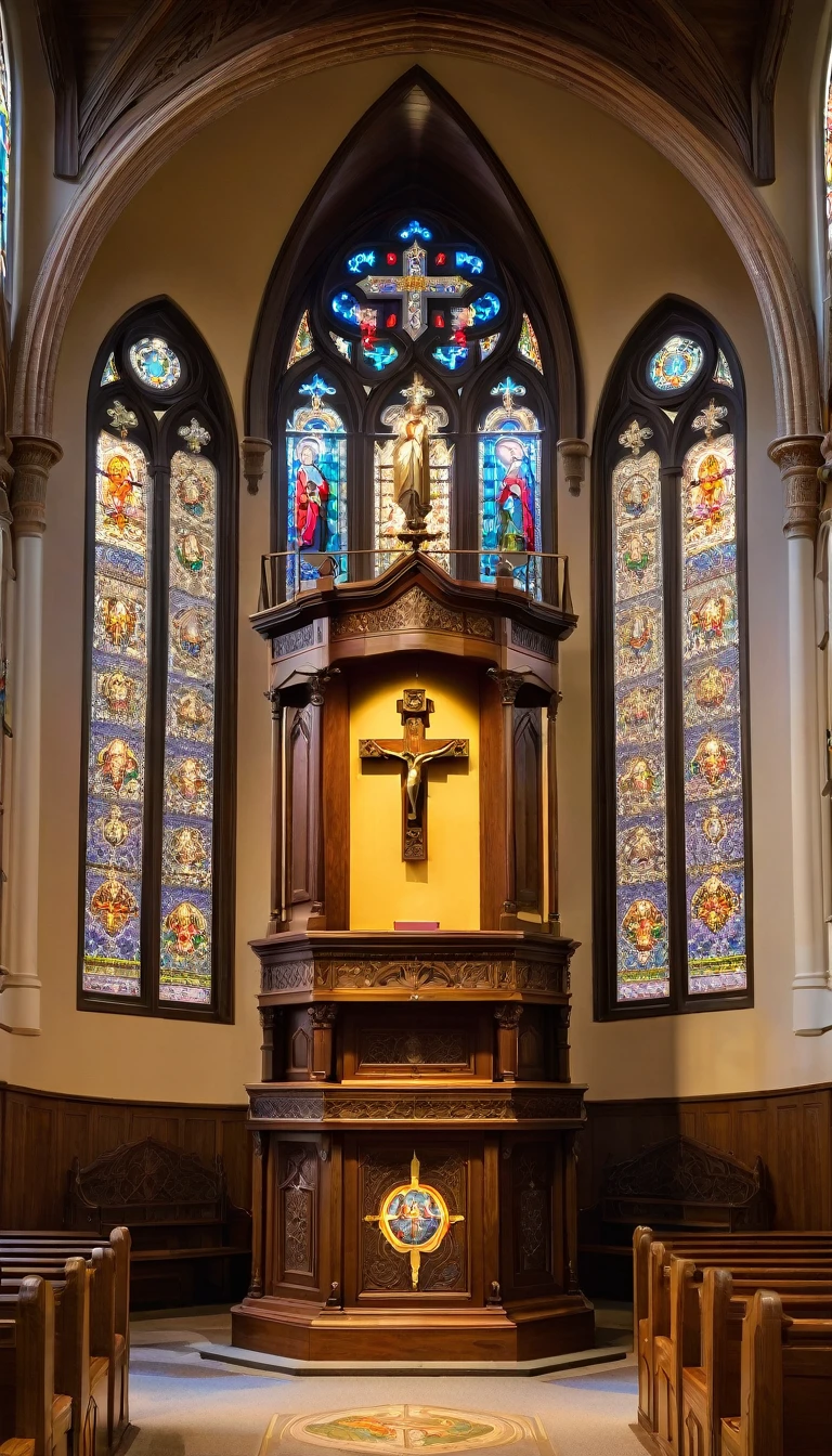 "A stately and reverent church pulpit, made of dark, polished wood, situated in the center of a high altar. The pulpit is adorned with intricate carvings depicting biblical scenes and sacred symbols, like the cross and the dove. At the front, a support for the open Holy Bible, whose pages are illuminated by a soft, warm light coming from colorful stained glass windows in the background. behind the pulpit, a large crucifix or central religious symbol towers, complementing the majesty of the environment. ao redor, there are fresh floral arrangements, antique wooden benches and Gothic or Baroque architectural details that enhance the sacredness of the space. The atmosphere is one of peace and solemnity, ready to welcome a congregation in prayer and reflection."