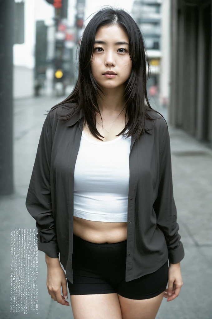 (((One girl,alone))),(Highly realistic photos, High resolution, Detailed face, Beautiful Eyes) Japanese women, 21 years old, Cute face, alone:1, Nice body, Plump figure, Medium chest, Narrow waist,Hairstyle, Very closely tied, Take a photo book,Thighs、Dark Sky、darkness、Blade Runner,shirt、walk,Curvaceous