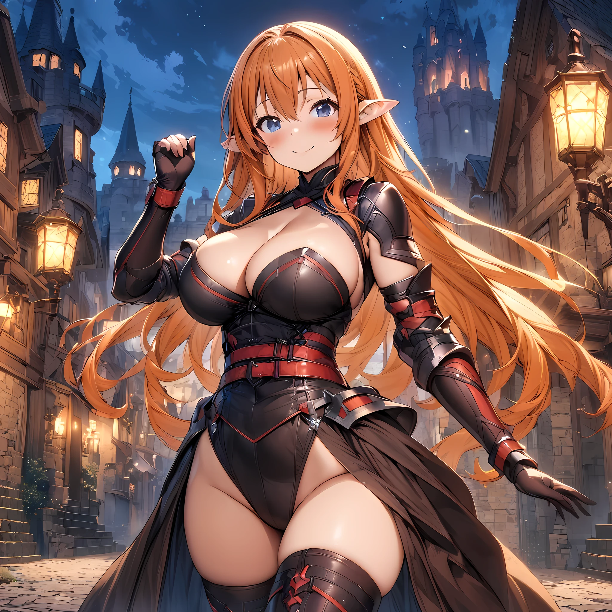 (masterpiece), (highest quality), (illustration), (super detailed), (high resolution), absurdity, 1girl,maple \(bofuri\), itai no wa iya nano de bougyoryoku ni kyokufuri shitai to omoimasu,fantasy town,high ,castle walls,night,blush,smile,cowboy shot,big breasts,cleavage,outstretched hand,long hair,orange hair,blue eyes,leotard,pointy ears,elbow gloves,thighhigh heels
