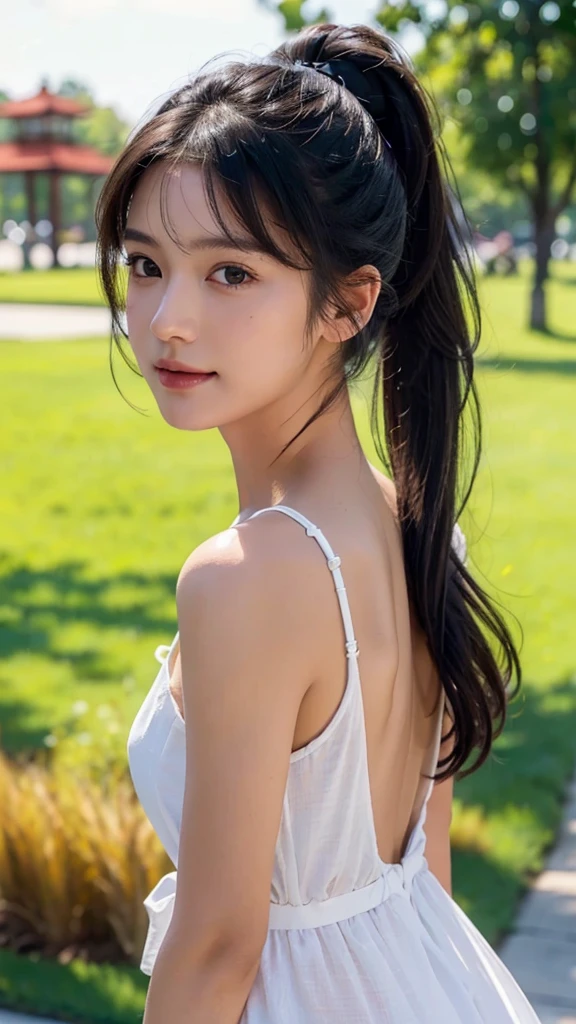 dress,outdoors,Urban Park,On the lawn,One woman,close up face,fully body photo,masutepiece, The highest image quality, High quality, the background is clear，Beautiful woman, Japanese, Detailed, Ultra-detailed, finely detail, hight resolution, 8K Wallpaper, Perfect dynamic composition, Beautiful detailed eyes ,Detailed eyes, Detailed skin, Beautiful skin, 超hight resolution, (reality: 1.4),Very beautiful woman, Slightly younger face, Beautiful skin, slender, (Ultra photo realsisim), (hight resolution), (8K), (Very detailed) (beautifully detailed eyes), (super detailed),   (Detailed face), view the viewer, Fine details, Detailed face, Staring straight ahead, Staring straight ahead, photos realistic, Bright lighting, Professional Lighting, Black hair,poneyTail,a baby face,sixteen years old,Hairstyle: ponytail,Long ponytail hairstyle,slight smile,