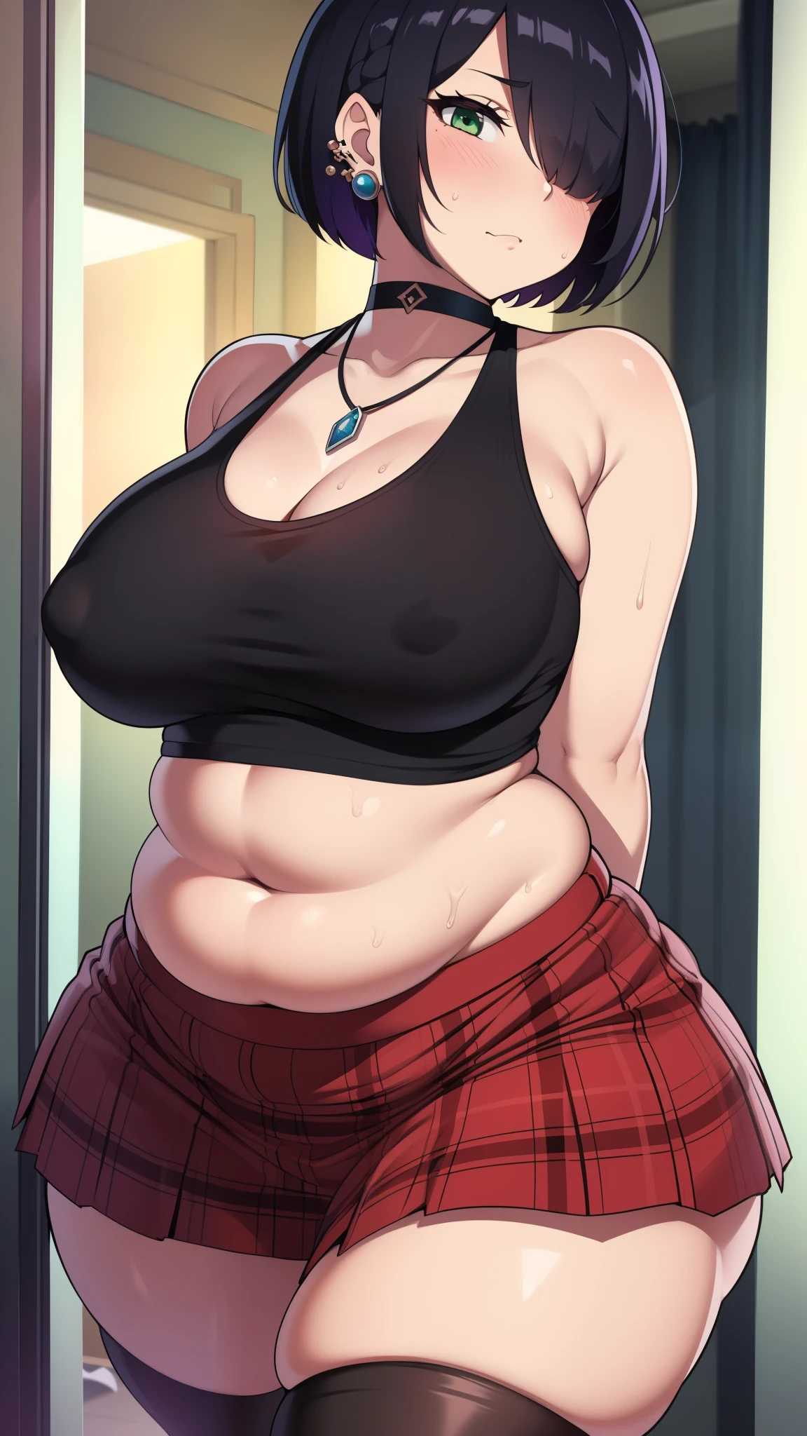 ((Masterpiece)), perfect anatomy, perfect shading, field of depth, (best quality), extremely delicate and beautiful, perfect lighting, detailed face, ultra cute face, cute, (cowboy shot 1.2), looking at viewer, (((1girl))), (((solo))), goth girl
Short hair, black hair, (hair over one eye), pale skin, green eyes, eye liner, ear piercing, choker, necklace, ((blush)), shy, nervous, sexually suggestive, (black tank top 1.5), (plaid short sectioned skirt 1.5), thigh highs, medium breasts, cleavage, ((wide hips)), (((thick thighs))), (chubby), chubby belly,
bathroom, intricate background, detailed background, arms behind back,