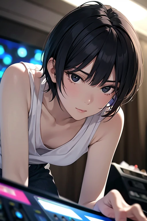  (2 men)、（Crowded club floor,DJ booth:1.41),masterpiece, High resolution, High-definition CG Unity 8K,realistic,Raw photo,Beautiful and dense face, white skin,(1 girl),skinny,flat chest,(black eye),black hair,(very short hair),Side undercuts,Flowing bangs、(dynamic angle),(At night)、Shot glass of tequila