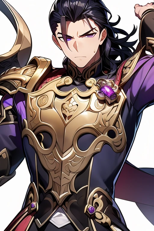 (Simple white background, Genshin Impact muscular male character,rosto perfeito , unique character, serious appearance, black suite, short, wavy and black hair, slicked back, goatee, visual novel, detailed black armor, high quality, cinematic, pose de poder, intricate details, vibrant colors, masterpiece, Genshin Impact, purple jewel on a golden coat of arms