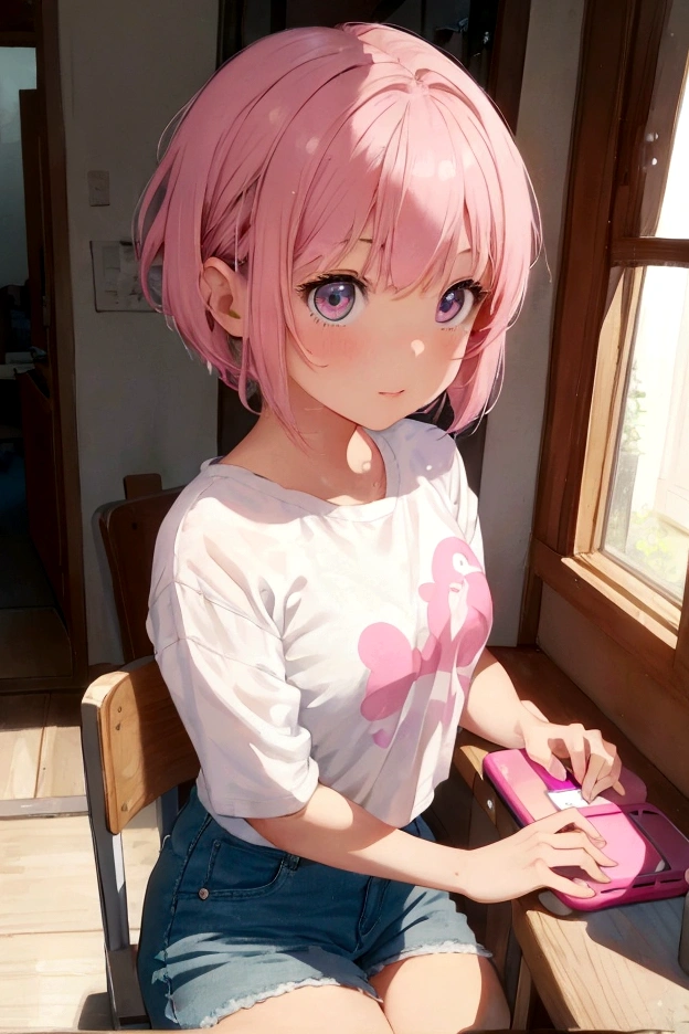 Disney Pixar style, cute girl with short pink hair with bangs, wearing white tshirt and pink shorts, view back, looking away, playing on my cell phone sitting at the kitchen table, a white cup of coffee on the table, realistic, 8k