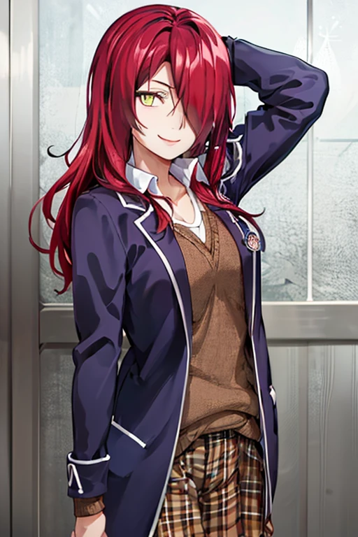 ((masterpiece,best quality)), absurdres, Kobayashi_Rindou_Shokugeki, 1girl, solo, red hair, long hair, hair over one eye, yellow eyes, jacket, plaid,  solo, smiling, looking at viewer, cowboy shot,