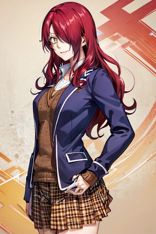 ((masterpiece,best quality)), absurdres, Kobayashi_Rindou_Shokugeki, 1girl, solo, red hair, long hair, hair over one eye, yellow eyes, jacket, plaid,  solo, smiling, looking at viewer, cowboy shot,