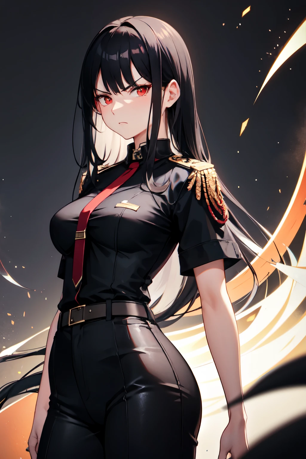 Female, Tall, Long black hair, bright red eyes, Angry expression, tall and attractive body, Medium breasts, Short black shirt, long and large military pants, serious posture